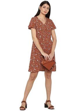 Ann Taylor V Neck Dress Floral Rust Flutter Sleeves Women Size 10 Brown